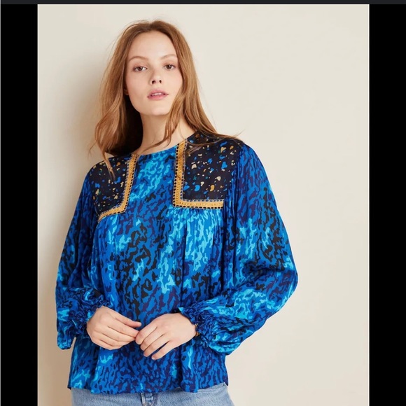 Anthropologie BI-nk Miranda Peasant Blouse Blue Women's - Picture 1 of 5